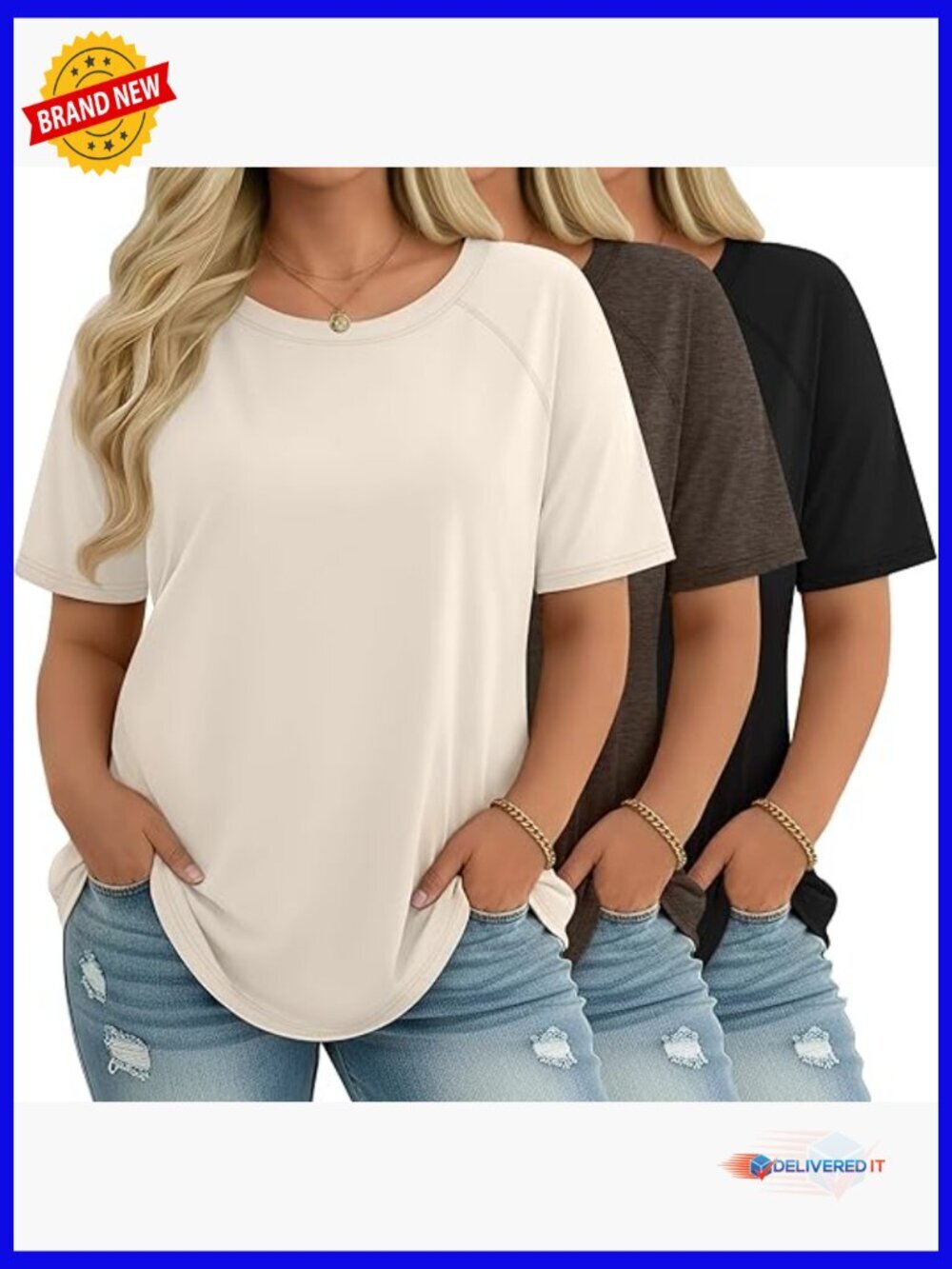 Plus Size 3 Pack Crew Neck Raglan Tees Loose Fit Tunic Tops